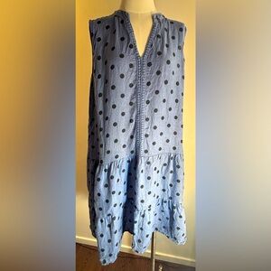 ROSEMARINE Sz XL Blue Polka Dot Sleeveless Dress V-Neck Ruffle Hem 100% Linen